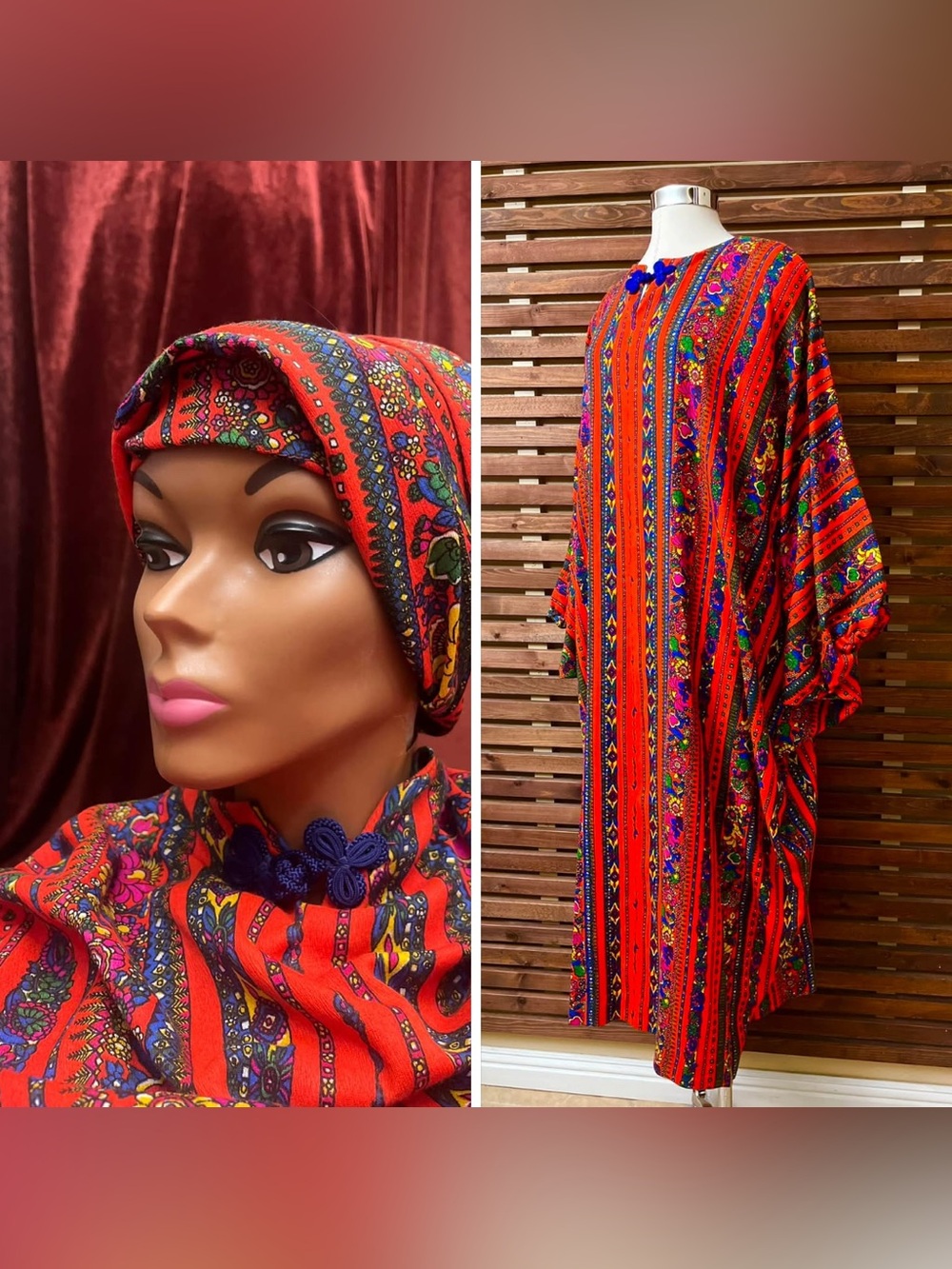 1960s 60s Vintage Bright Orange Floral Multicolor Kaftan Maxi Dress & Head Wrap